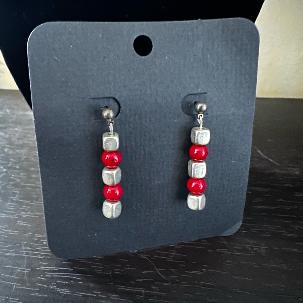 Handmade Elegant Red and Silver Beaded Earrings